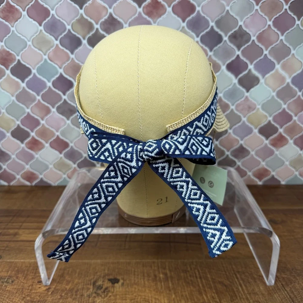 NWT Sea & Grass Straw Visor Navy Blue Geometric Ribbon Tie Back Adjustable